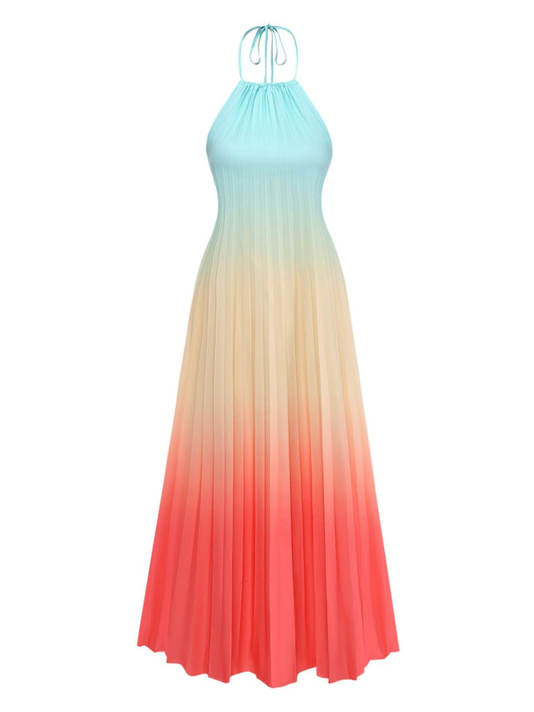 Abito Lungo Multicolore Halter con Sfumatura Plissettata Anni '30 2