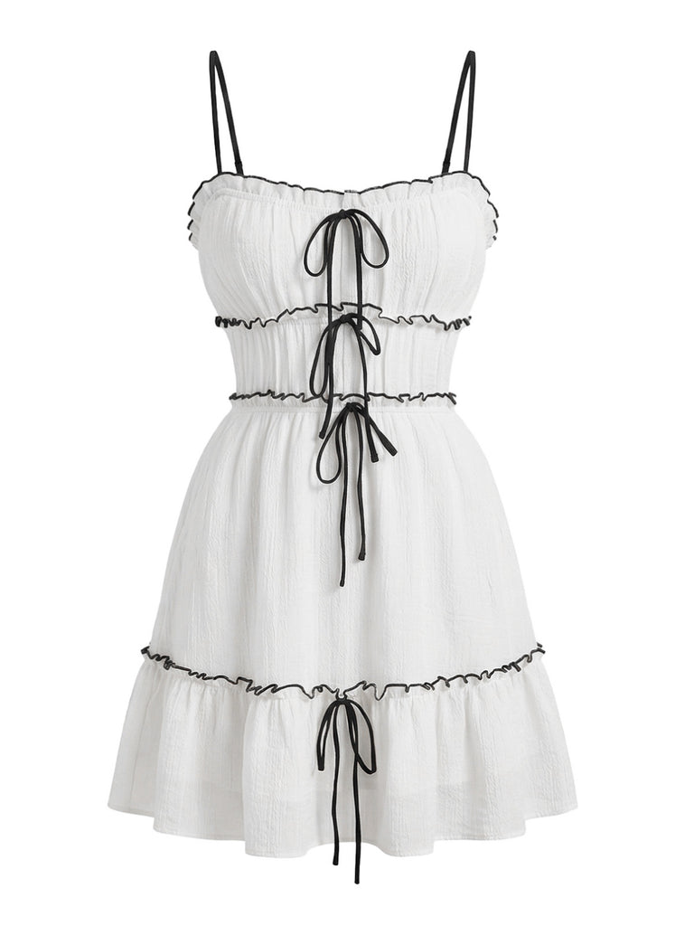 Mini Abito Bianco Anni '60 con Texture e Volant con Spalline Sottili