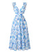 Abito Lungo Blu Anni '50 Floreale con Cut-Out e Spalline a Volant