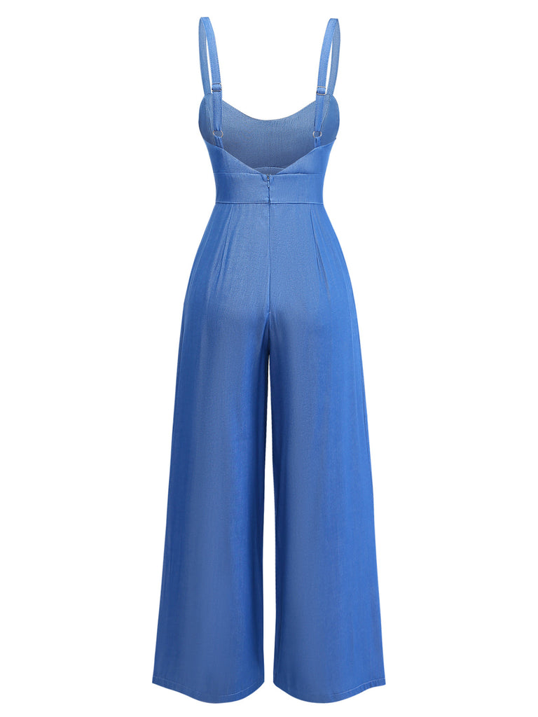 Tuta Lunga Blu in Denim con Spalline Sottili e Arricciatura Anni '50 3