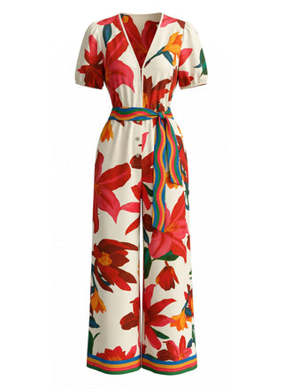 Tuta Lunga Rossa a Fiori con Maniche Corte Gamba Larga e Cintura Anni '80 2