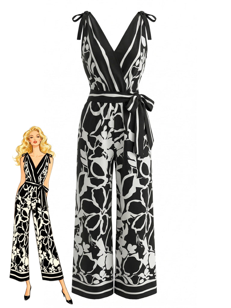 Floreale con Scollo V Senza Maniche Wide Leg Tuta Lunga Anni '70