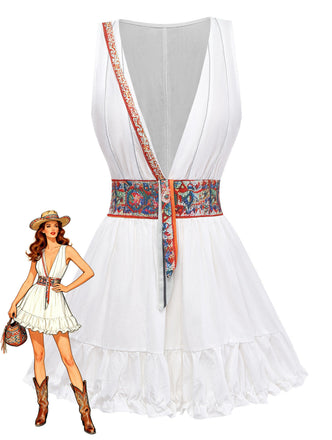 con Scollo V Senza Maniche Boho Miniabito Bianco Anni '70