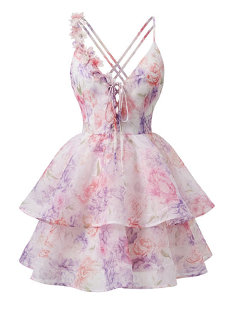 Miniabito Rosa con Scollo Profondo Fiori 3D a Balze e Schiena Scoperta Anni '60 2