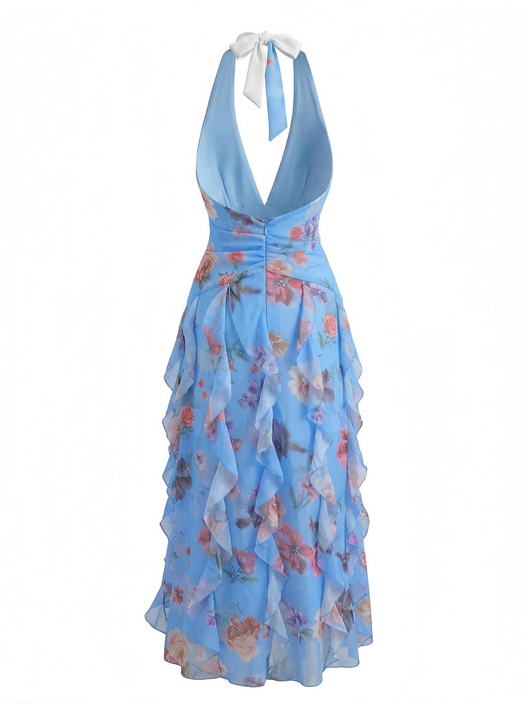 1930s Floral Pleated Belted Maxi Dress