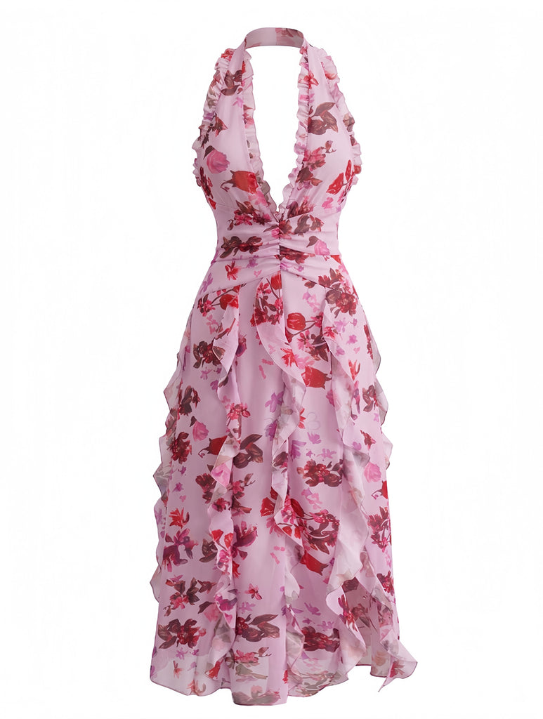 1930s Floral Pleated Belted Maxi Dress 5