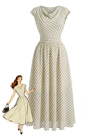 Abito Svasato Beige in Chiffon a Righe con Scollo a Cascata Anni '50