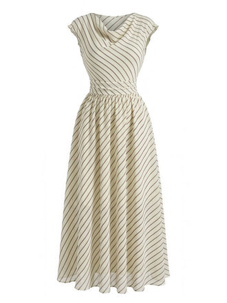 Abito Svasato Beige in Chiffon a Righe con Scollo a Cascata Anni '50 2