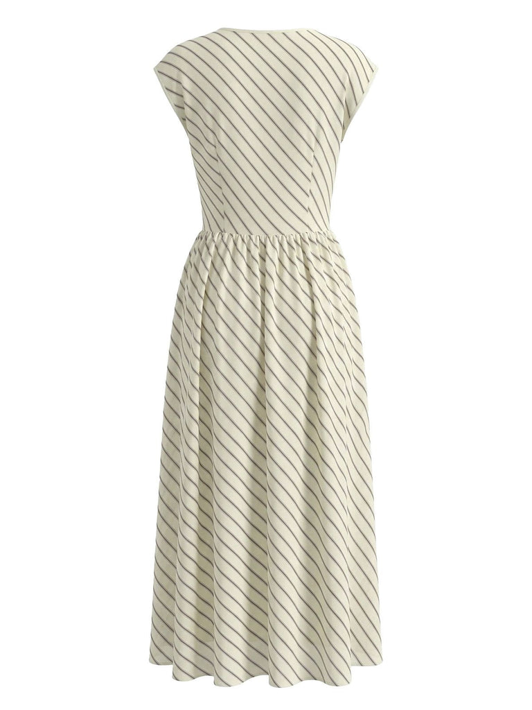 Abito Svasato Beige in Chiffon a Righe con Scollo a Cascata Anni '50 3