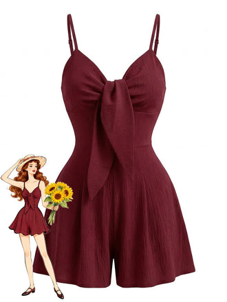 Tuta Corta Rossa Tinta Unita con Spalline Sottili Fiocco e Texture Anni '50