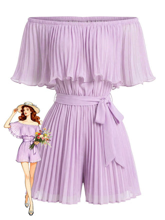 Tinta Unita Off-Shoulder Plissettato con Laccio Vita Tuta Corta Anni '60