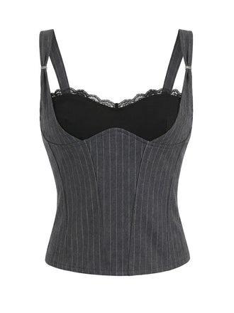 [Pre-Vendita] Top Corsetto Grigio Gessato con Bordo in Pizzo Y2K