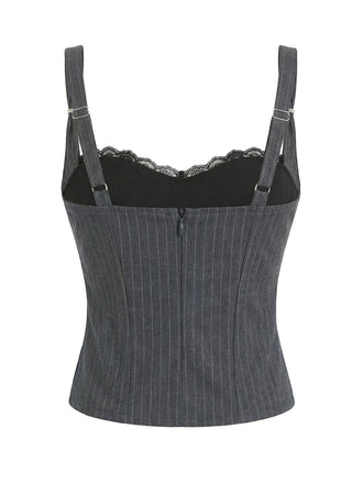[Pre-Vendita] Top Corsetto Grigio Gessato con Bordo in Pizzo Y2K 2