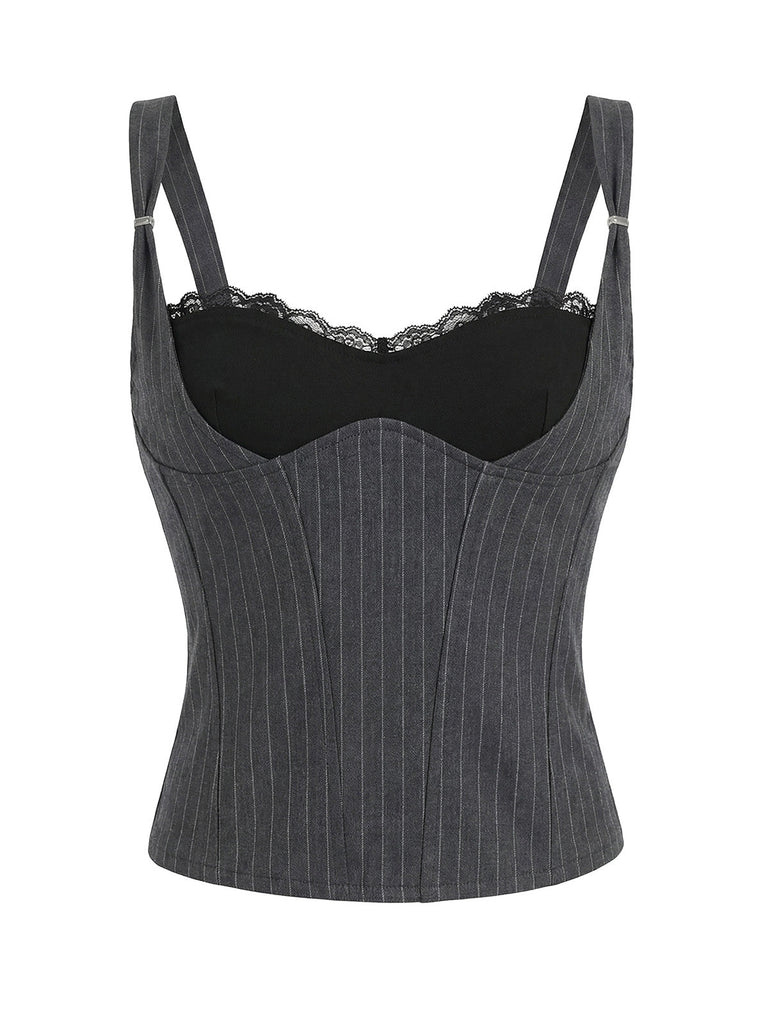 [Pre-Vendita] 2PCS Top Gessato Grigio con Pizzo e Minigonna Plissettata Y2K 3