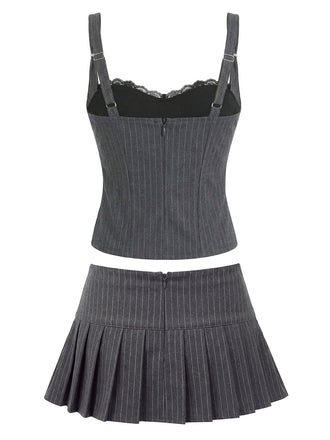 [Pre-Vendita] 2PCS Top Gessato Grigio con Pizzo e Minigonna Plissettata Y2K 2
