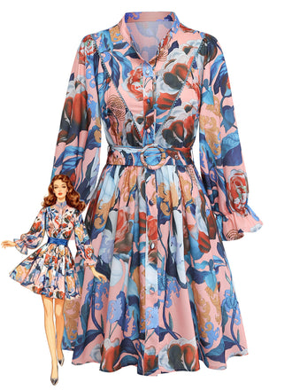 Abito con Colletto e Cintura a Fiori con Maniche a Lanterna Anni '70