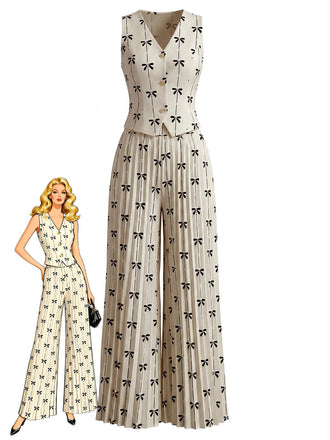 2PCS Gilet Beige Senza Maniche con Fiocco e Pantaloni Plissettati Anni '40