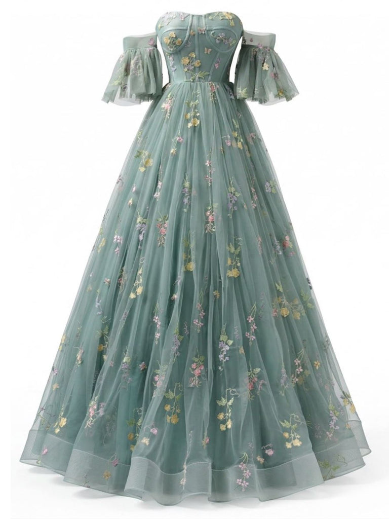 Abito lunga verde anni '30 in tulle e ricamo floreale