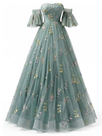 Abito lunga verde anni '30 in tulle e ricamo floreale