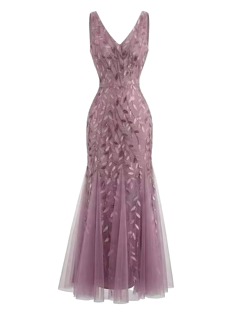 Abito Slim Senza Maniche Scollo a V con Ricamo e Tulle Anni '30 2