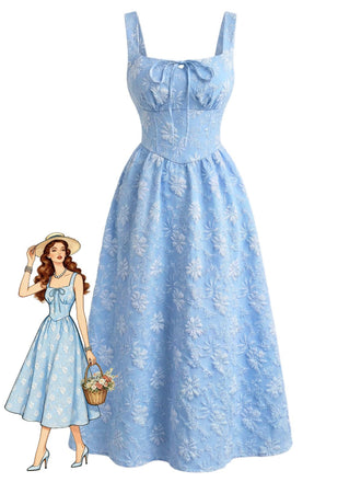 Abito Blu con Scollo Quadrato Vita Impero e Jacquard Arricciato Anni '40