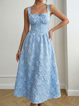 Abito Blu con Scollo Quadrato Vita Impero e Jacquard Arricciato Anni '40 2