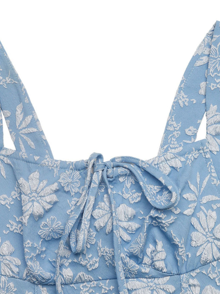 Abito Blu con Scollo Quadrato Vita Impero e Jacquard Arricciato Anni '40 5