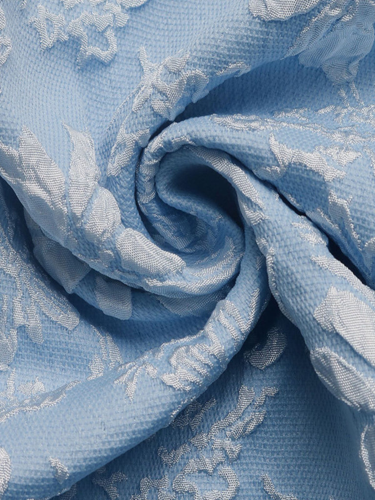 Abito Blu con Scollo Quadrato Vita Impero e Jacquard Arricciato Anni '40 6