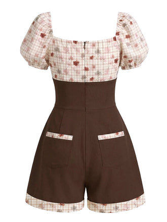 [Pre-Vendita] Tuta Corta Marrone a Quadri e Fiori con Scollo Quadrato e Maniche a Sbuffo Anni '50 2