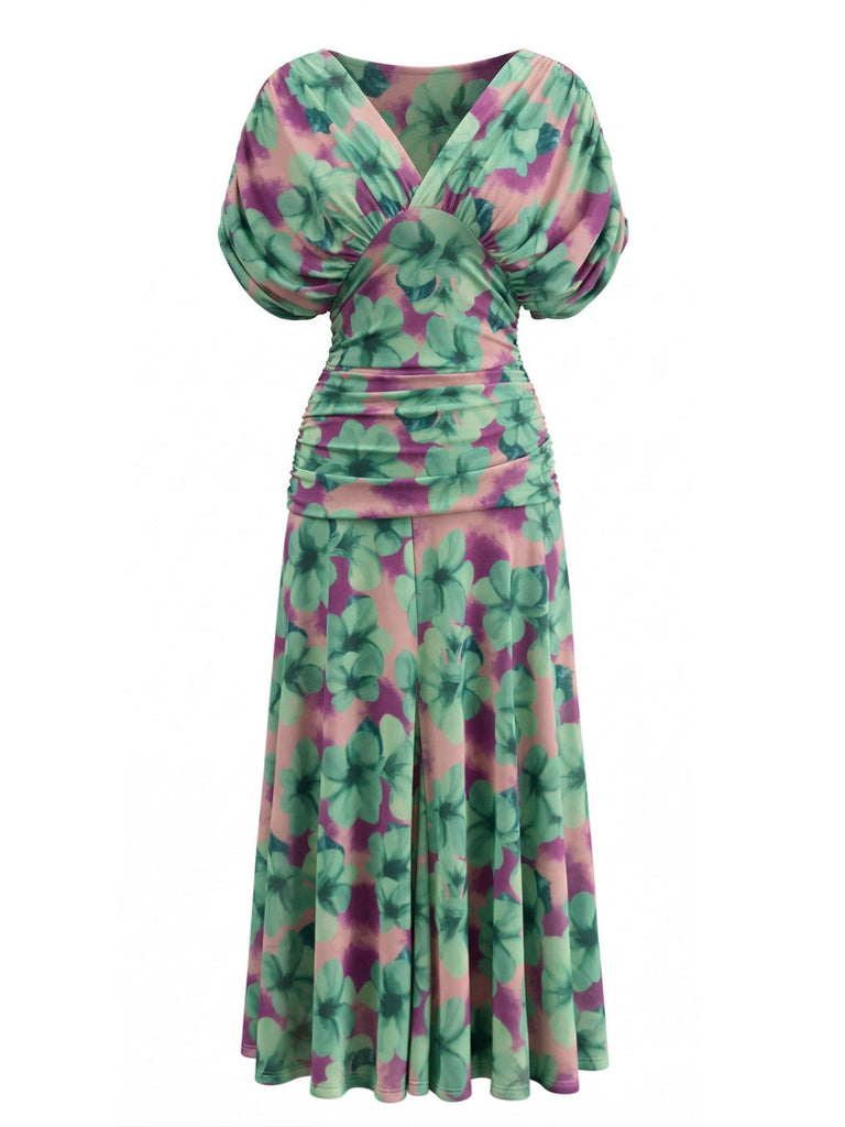 Abito Floreale Scollo a V Smock Waist - Verde Anni '40 2