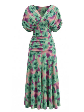 Abito Floreale Scollo a V Smock Waist - Verde Anni '40 2