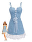 Abito Blu Anni '80 a Corsetto in Denim in Pizzo con Spalline Sottili