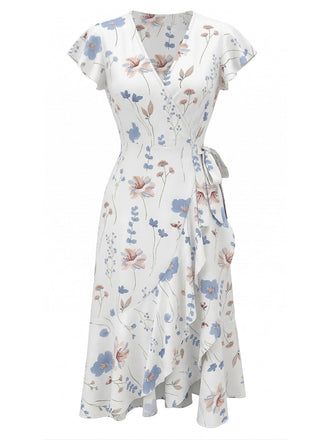 Abito a Portafoglio con Scollo a V con Maniche a Farfalla Floreale Bianco Anni '40 2