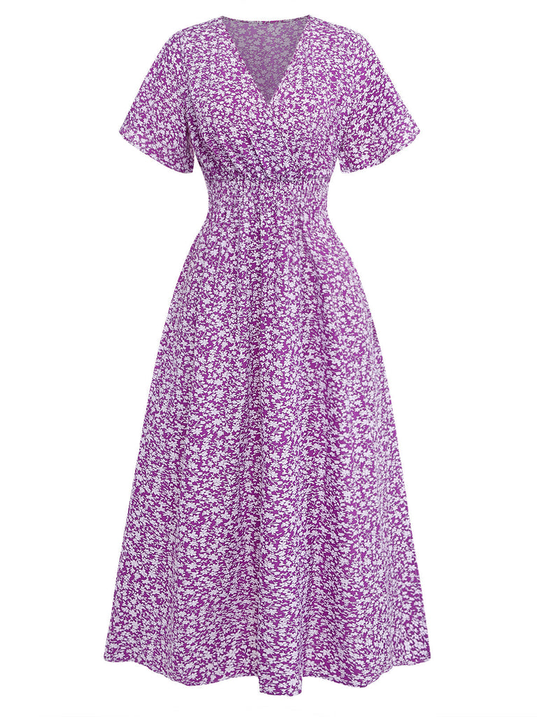 Abito a Piccoli Fiori Floreale Short Sleeves Fitted Midi - Viola Anni '40 2