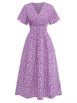 Abito a Piccoli Fiori Floreale Short Sleeves Fitted Midi - Viola Anni '40 2
