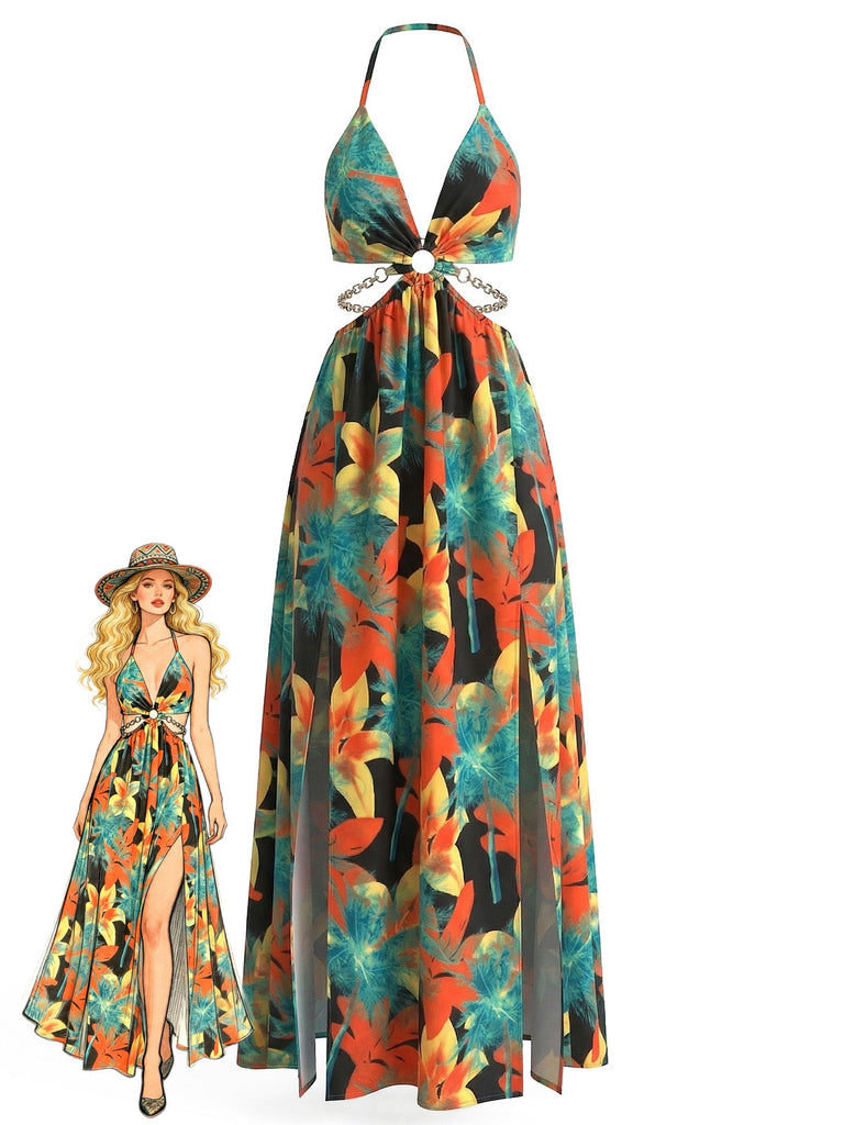 Abito Lungo con Allacciatura al Collo e Schiena Scoperta con Spacco Floreale Anni '30