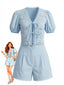 2PCS Top Anni '50 con Maniche a Sbuffo in Cotone e Pizzo e Pantaloncini