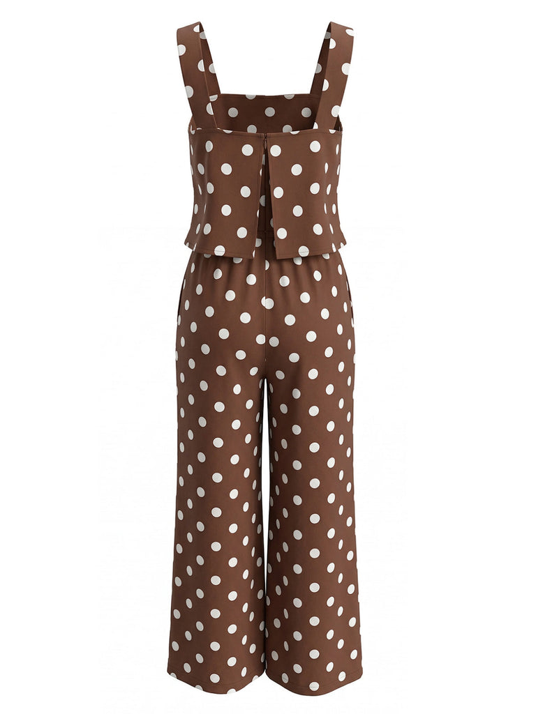 Tuta Lunga a Pois Wide-Strap Gamba Larga - Marrone Anni '30 3