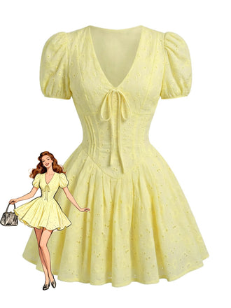Mini Abito con Maniche a Sbuffo e Scollo a V Ricamato in Cotone Giallo Anni '60