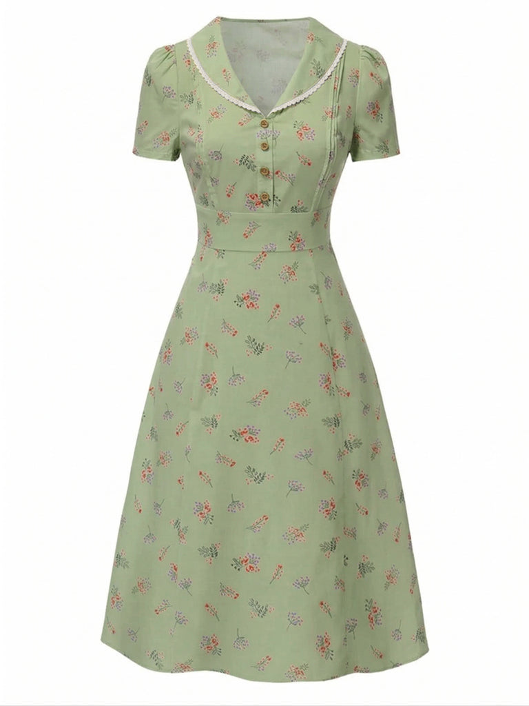 Abito floreale maniche a sbuffo puro cotone beige anni '40