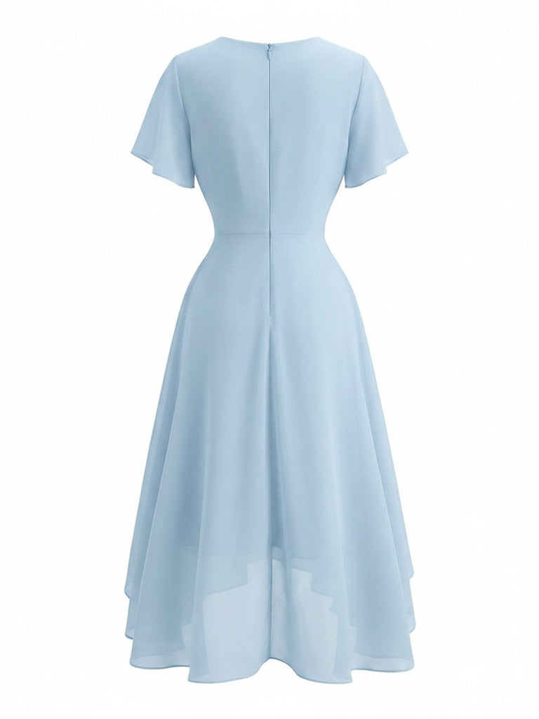 Abito Anni '50 in Chiffon Asimmetrico con Maniche a Volant e Scollo a V