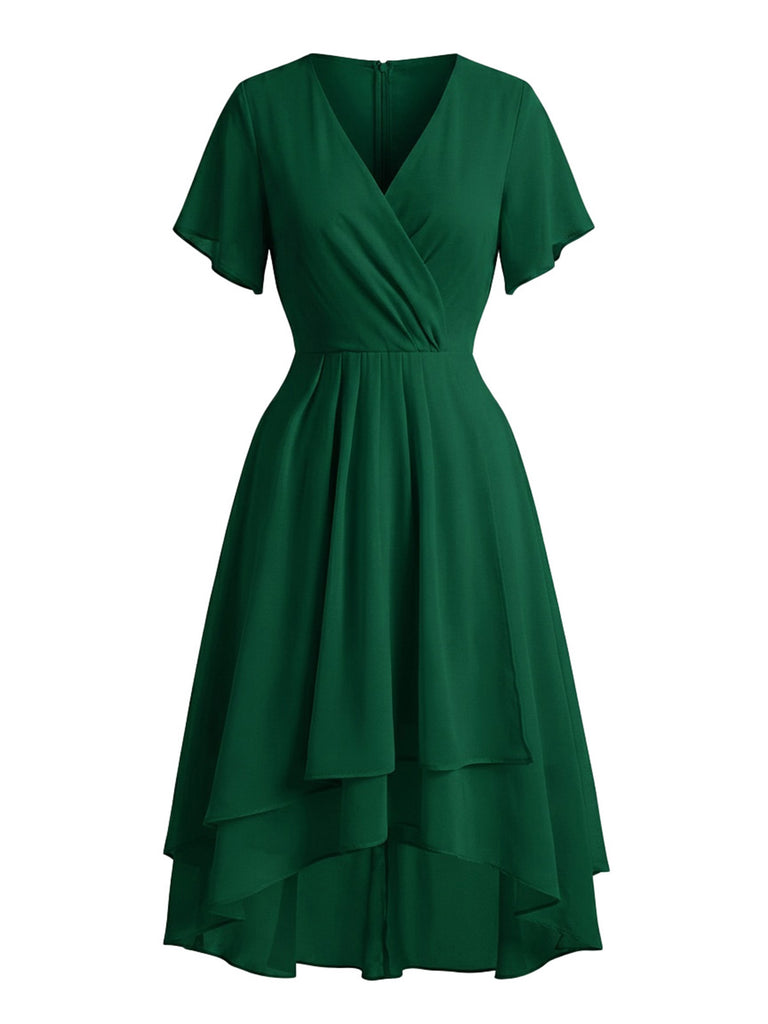 Abito Anni '50 in Chiffon Asimmetrico con Maniche a Volant e Scollo a V