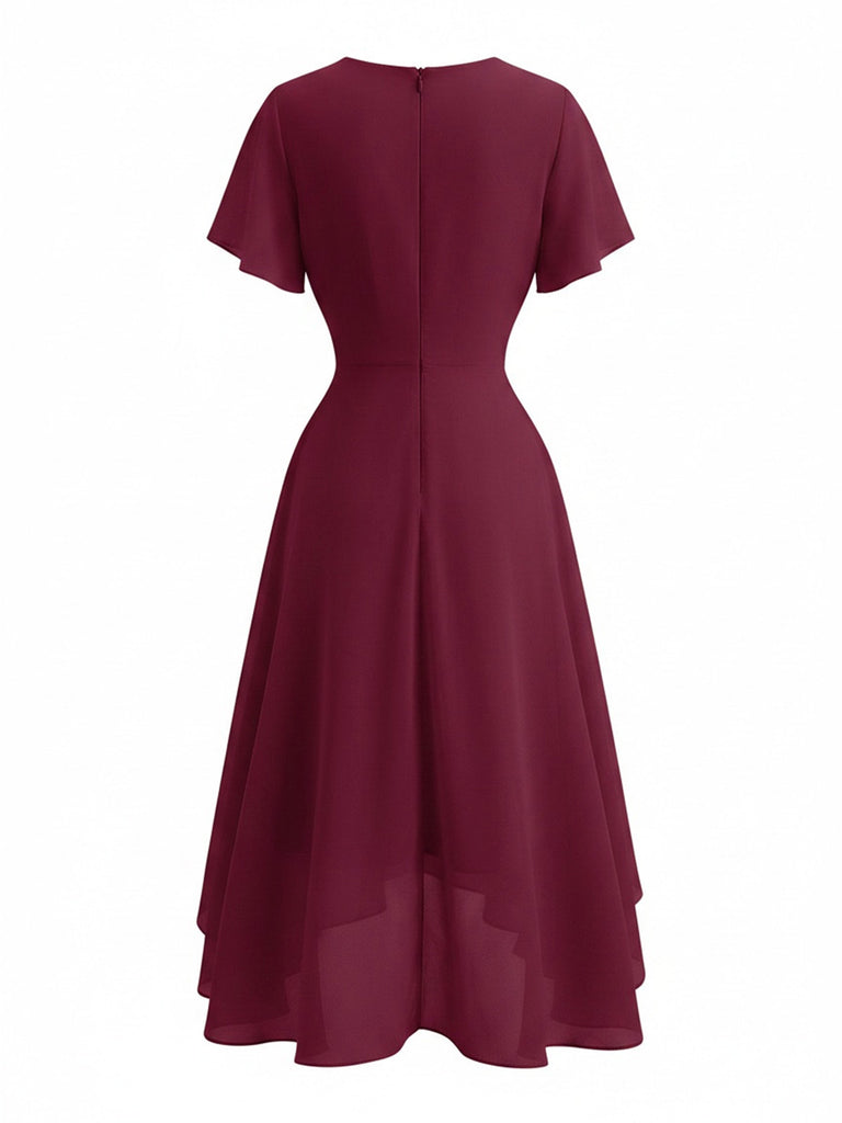 Abito Anni '50 in Chiffon Asimmetrico con Maniche a Volant e Scollo a V