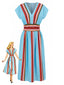 2PCS Top Blu Anni '40 a Righe con Scollo a V e Gonna