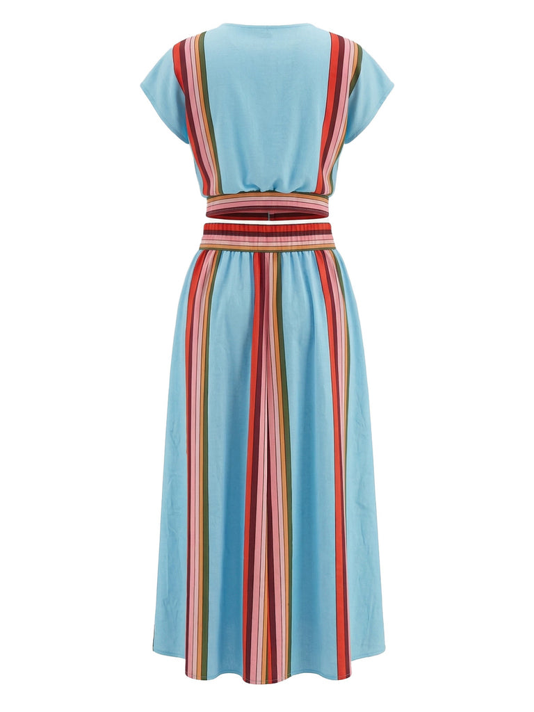 2PCS Top Blu Anni '40 a Righe con Scollo a V e Gonna