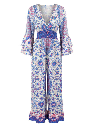 Tuta Lunga Bohemien a Fiorellini con Maniche Svasate Blu Anni '70 2