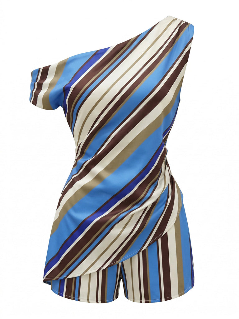 2 Pezzi 2PCS Colorblock a Righe One-Shoulder & Shorts Anni '40 2