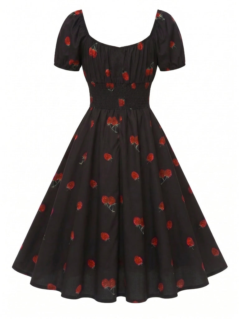 Abito Midi Nero Anni '50 Mela di Fragola con Scollo Quadrato