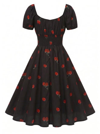Abito Midi Nero Anni '50 Mela di Fragola con Scollo Quadrato