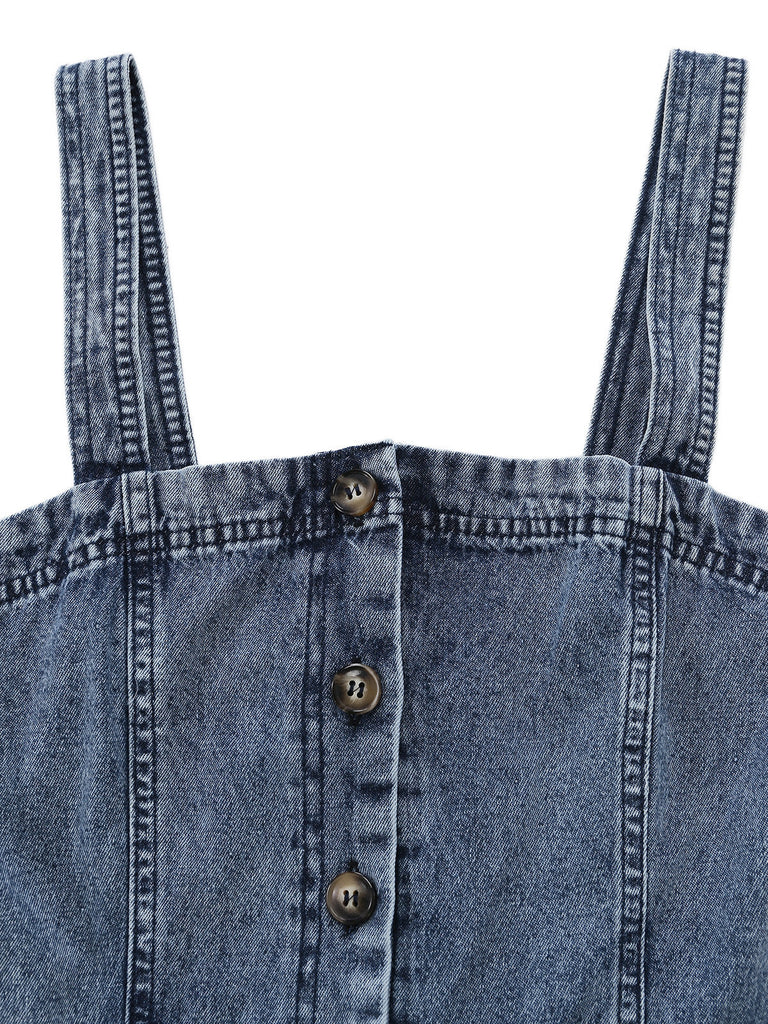 Blue 1930s Denim Button Front Belted Jumpsuit 3